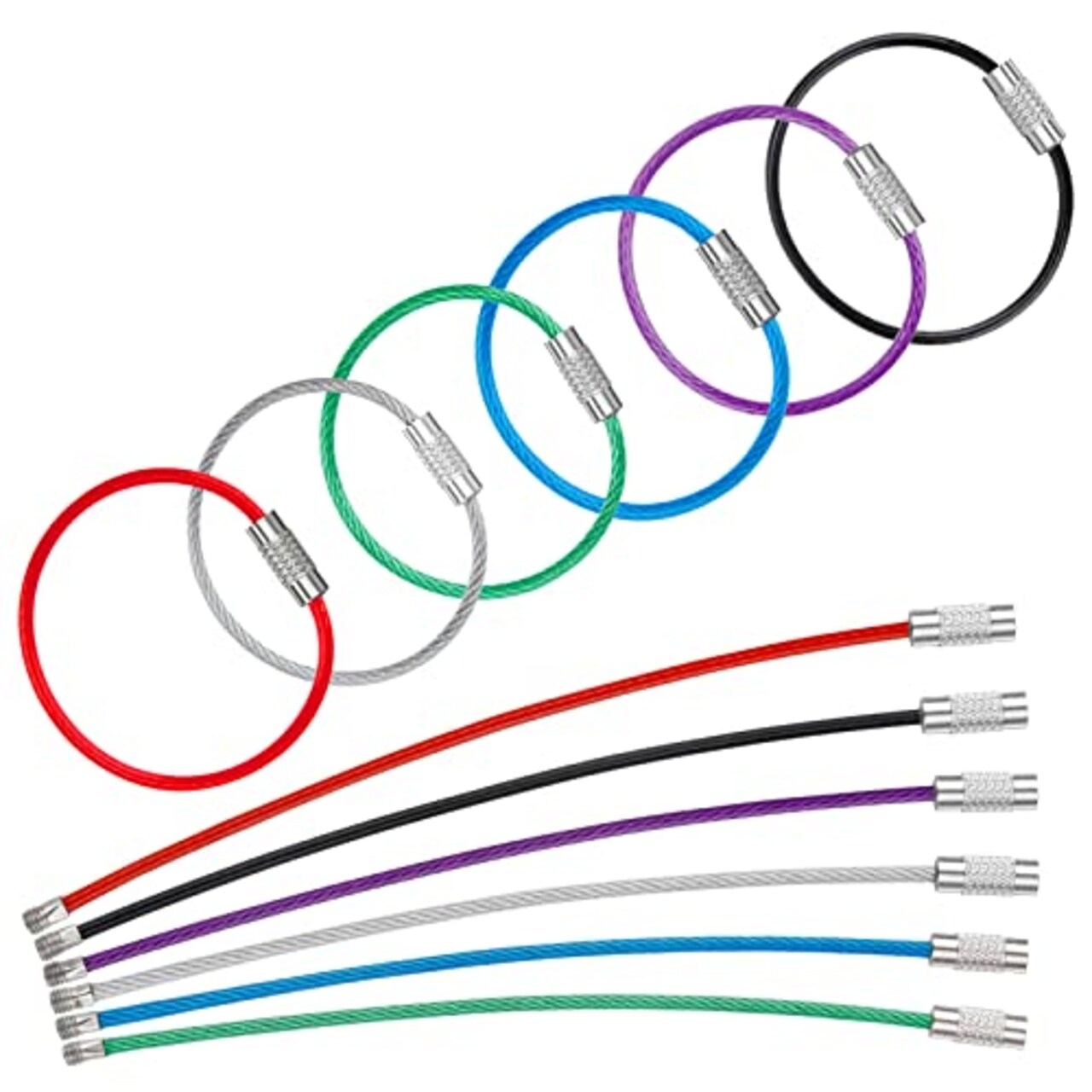 4 Inch Wire Keychain Cable in 6 Assorted Colors Large Stainless Steel Key Ring Loop Holder for Outdoor Hiking Heavy Duty Connectable Luggage Tag Keeper for Sport and Travel, 12 Pack